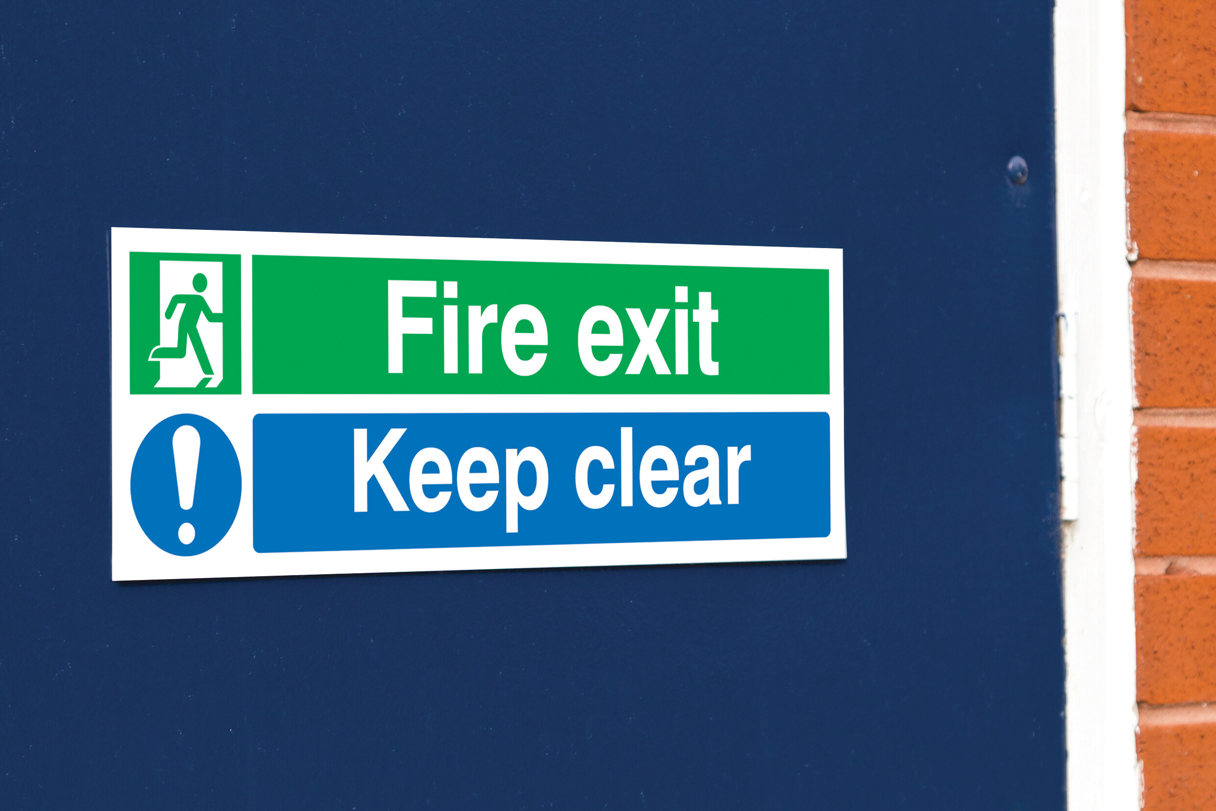 Fire safety warning signs, fire exit signs and fire-fighting equipment